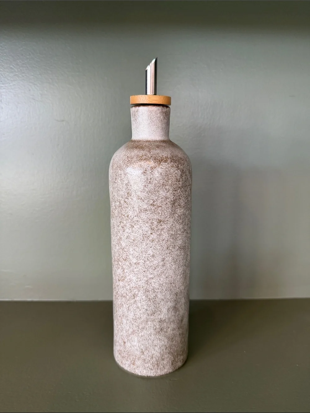 World Market Speckled Grey/Beige Ceramic Oil Dispenser with Spout